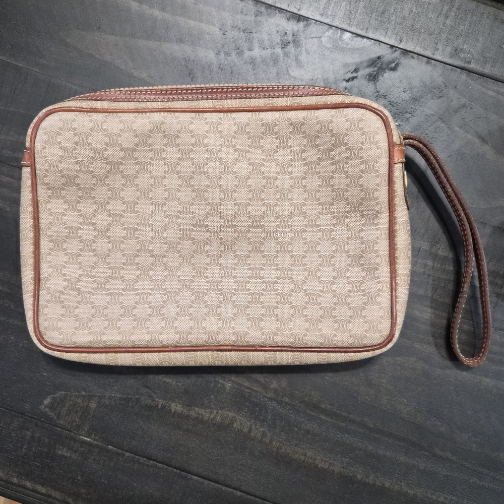 Celine Vintage Macadam Canvas Clutch – Brown Leather Trim - Picture 3 of 16